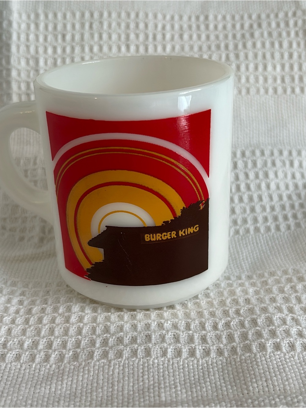 Retro Burger King White Ceramic Mug with Red and Yellow Graphic